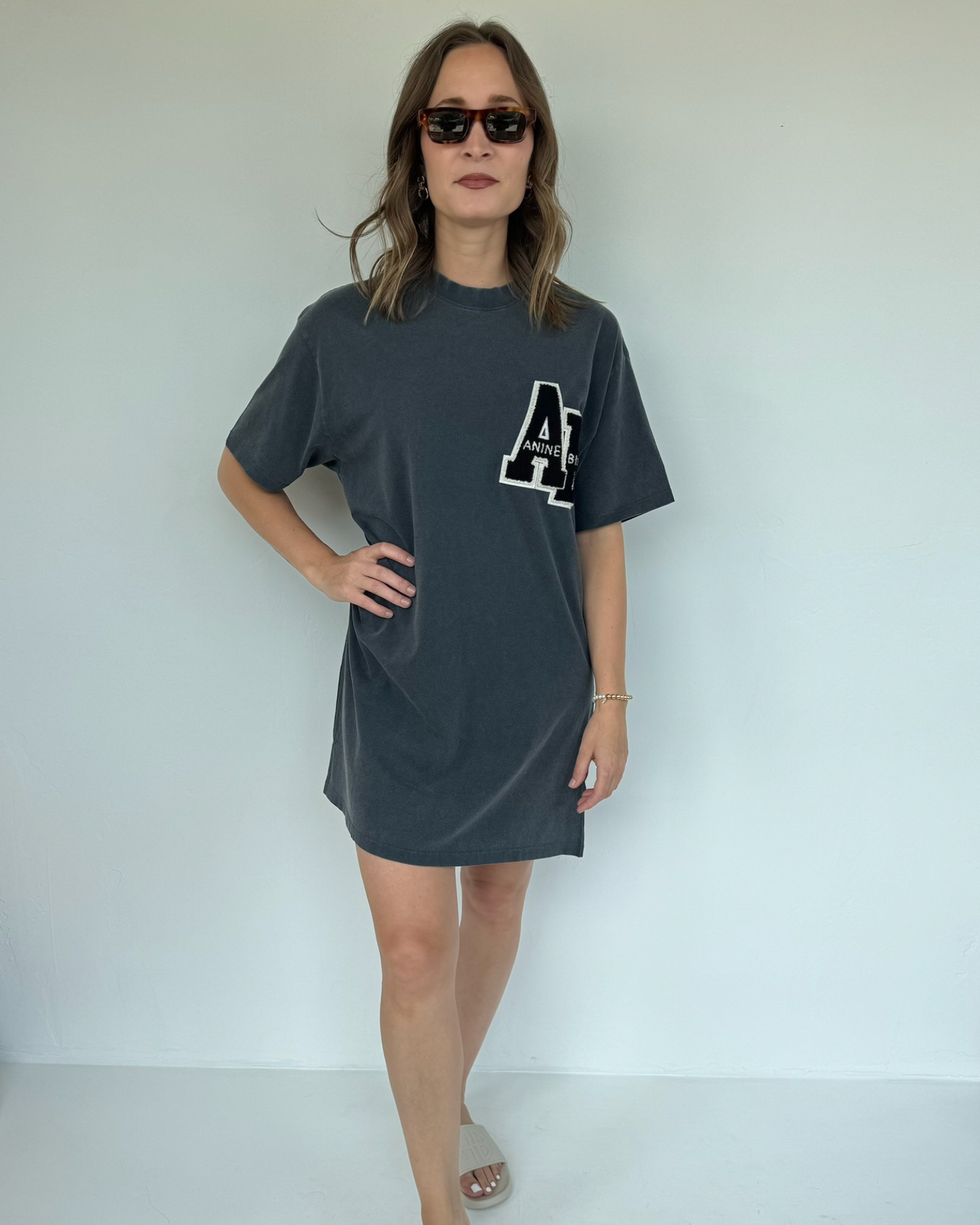 Anine Bing Beth Mini Dress Letterman in Washed Black