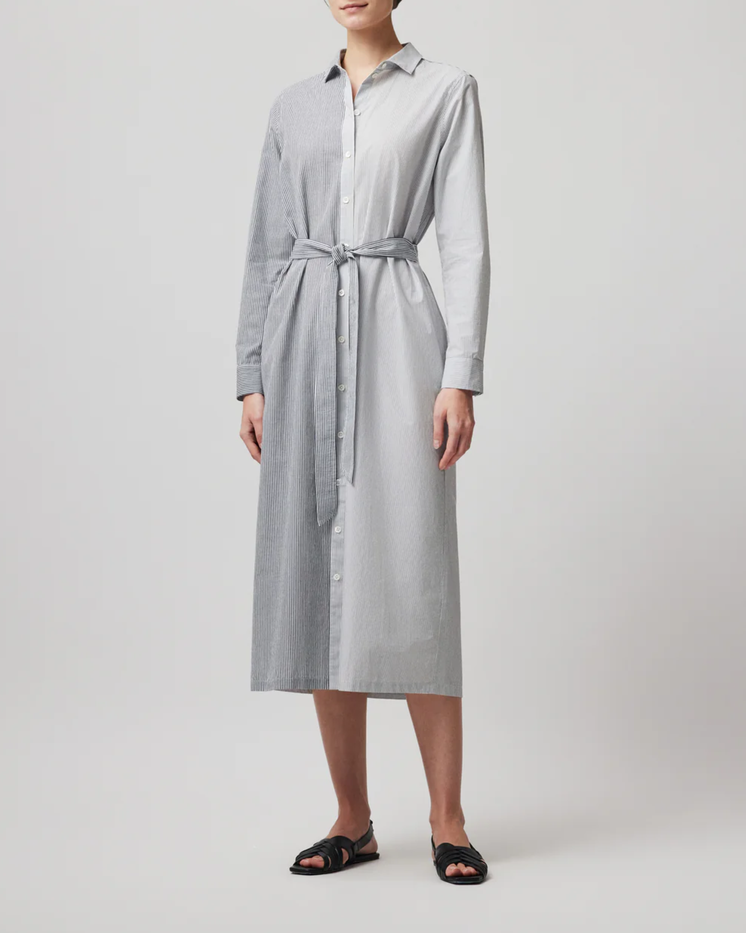 ATM Mixed Stripe Belted Shirt Dress in Chalk Ink