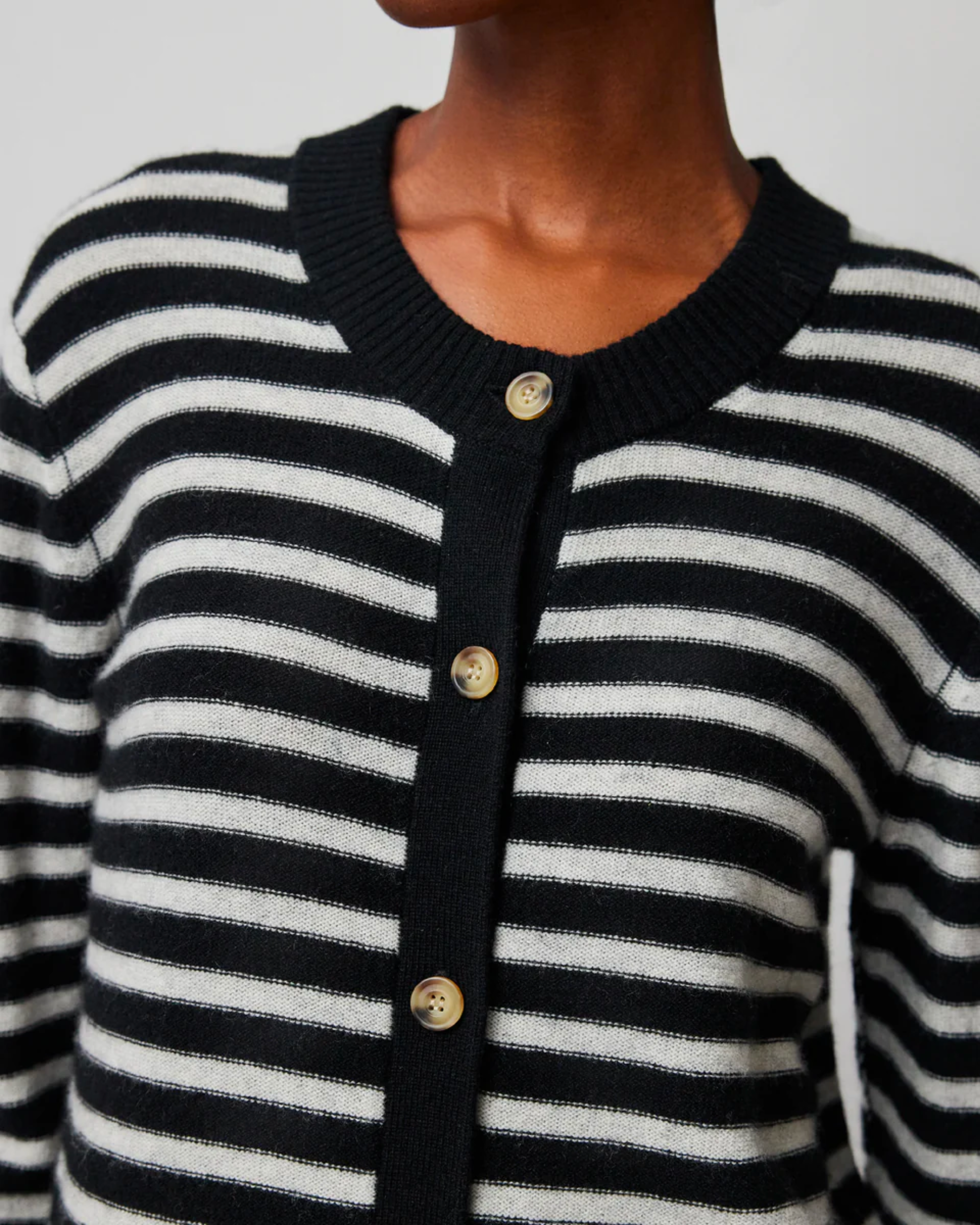 ATM Wool Cashmere Stripe Cropped Cardigan in Black + Grey