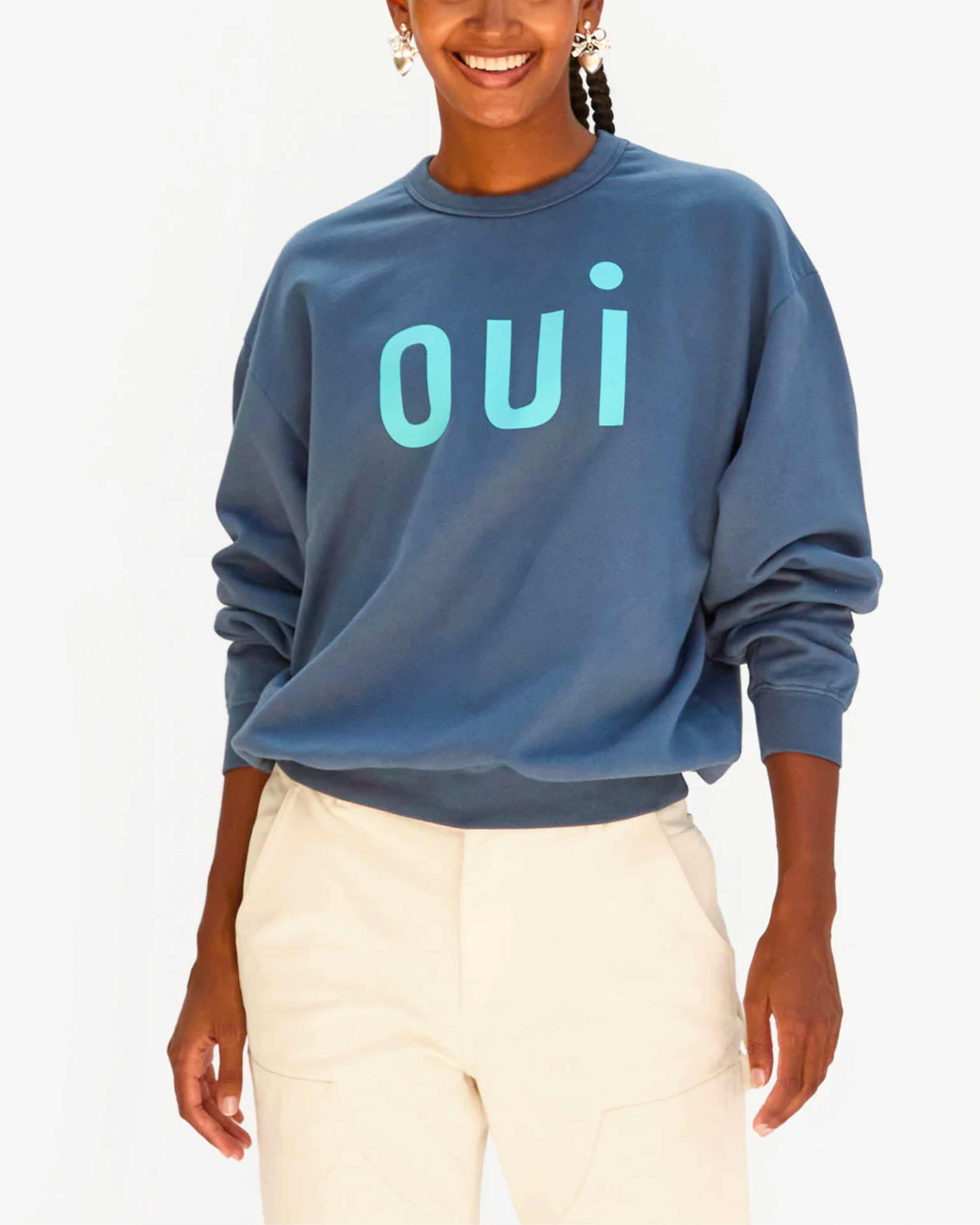 Clare V. Oversized Sweatshirt in Faded Navy and Light Blue