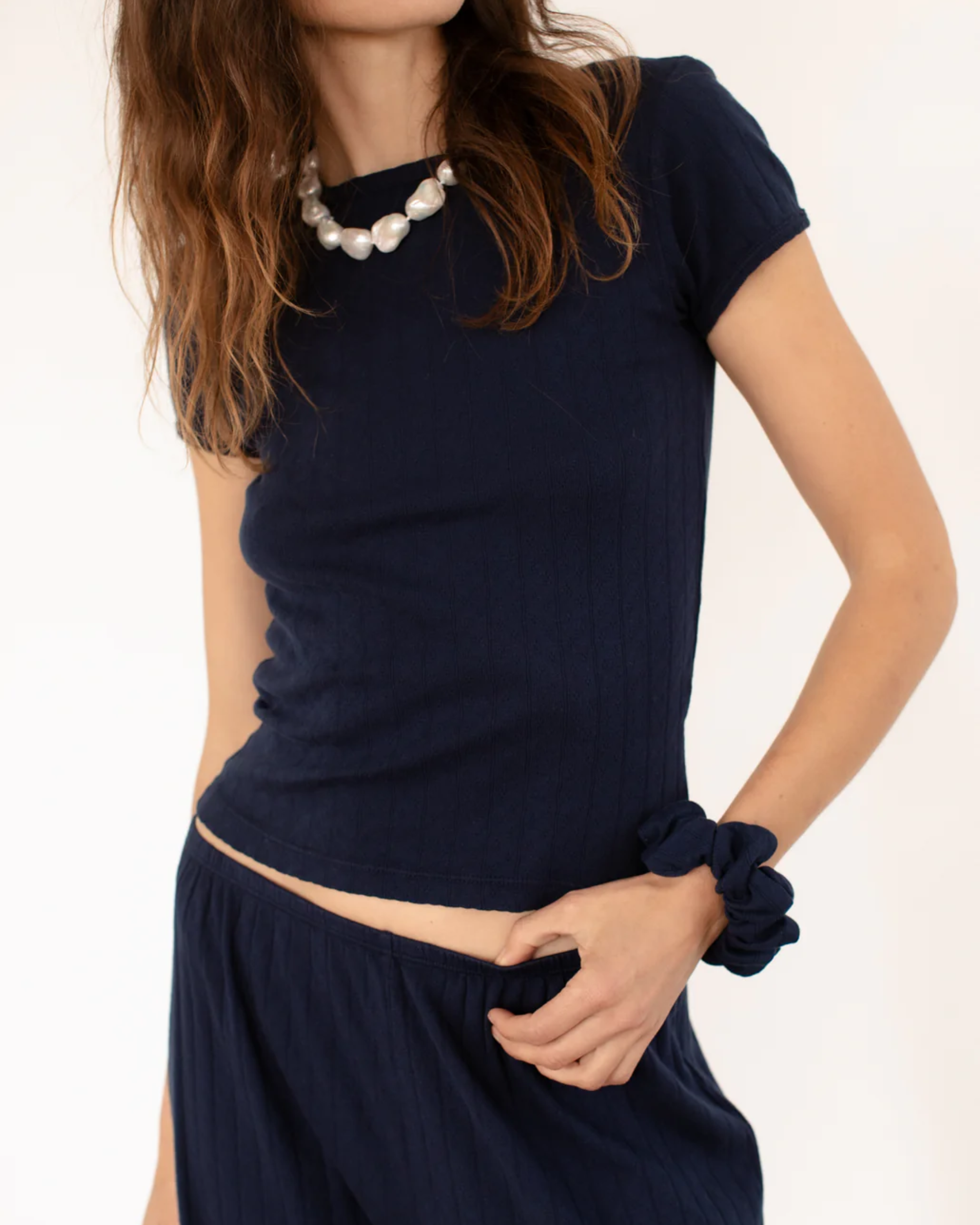 Donni Pointelle Baby Tee in Navy