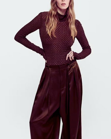 FRAME Mesh Lace Turtleneck in Deep Burgundy