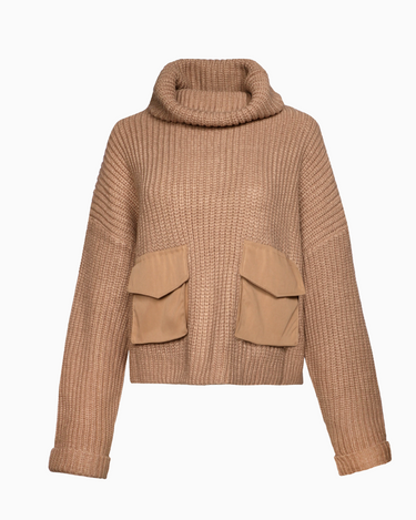 Heavy Knit Cowl Neck Sweater Contrast Pockets in Taupe