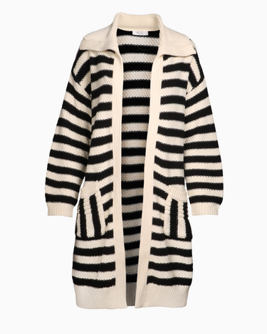 Long Moss Stitch Stripe Cardigan in Black White