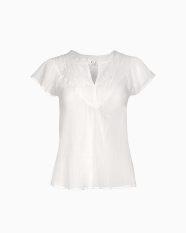 V Neck Shirred Top With Fray in White