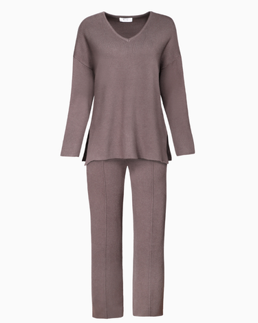 V Neck & Knit Pant Set in Ash Grey