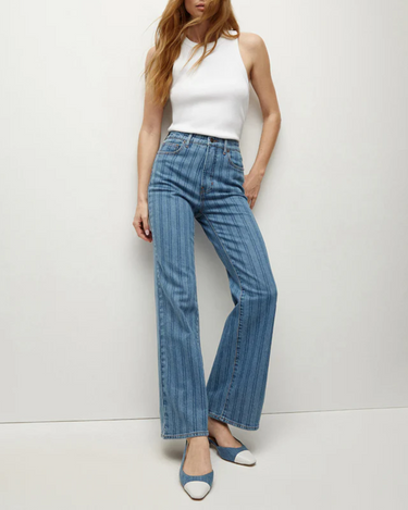 Veronica Beard Crosbie Wide Leg Loafer Jean in Sapphire Stripe