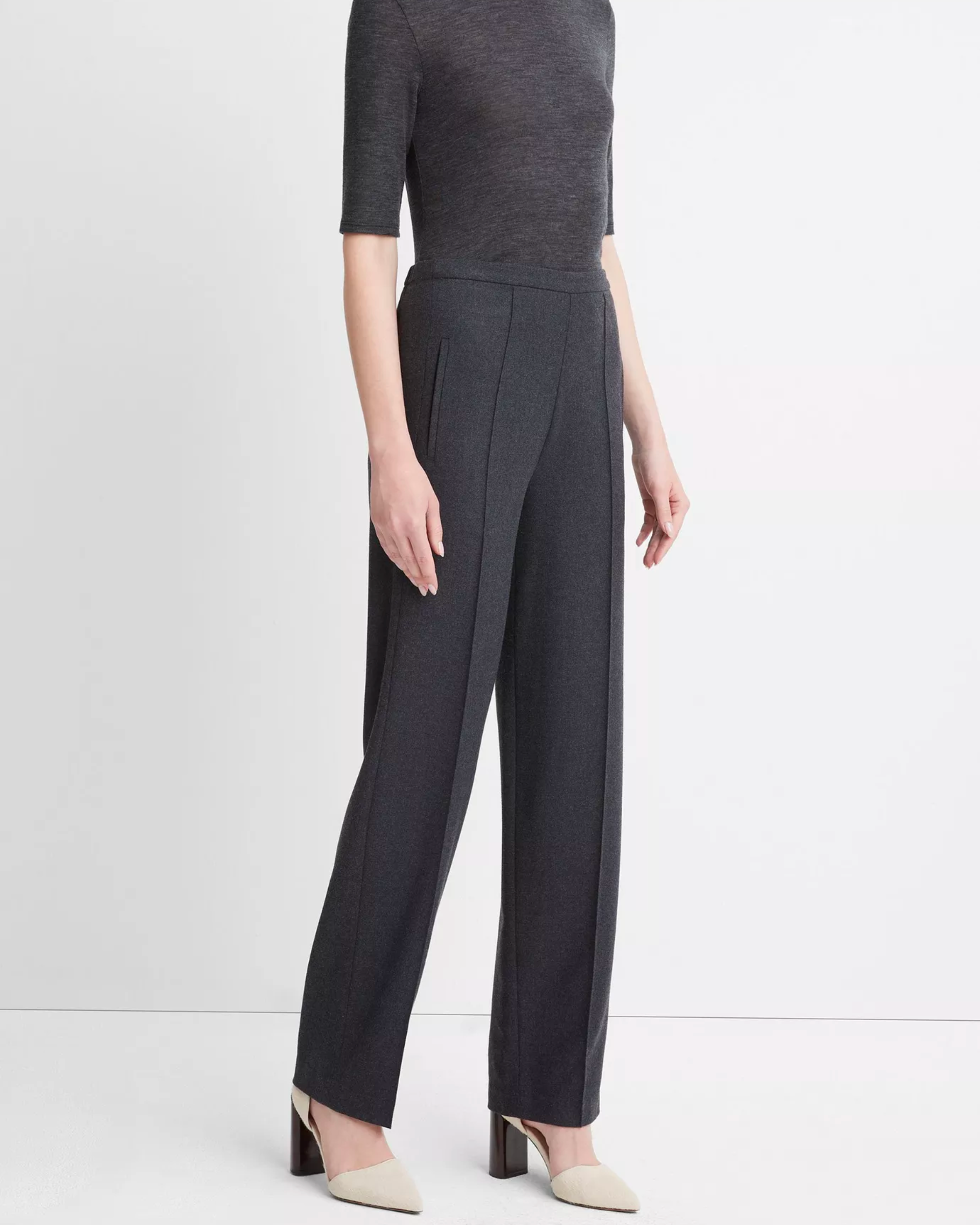 Vince Brushed Wool Mid Rise Wide Leg Pant in Charcoal