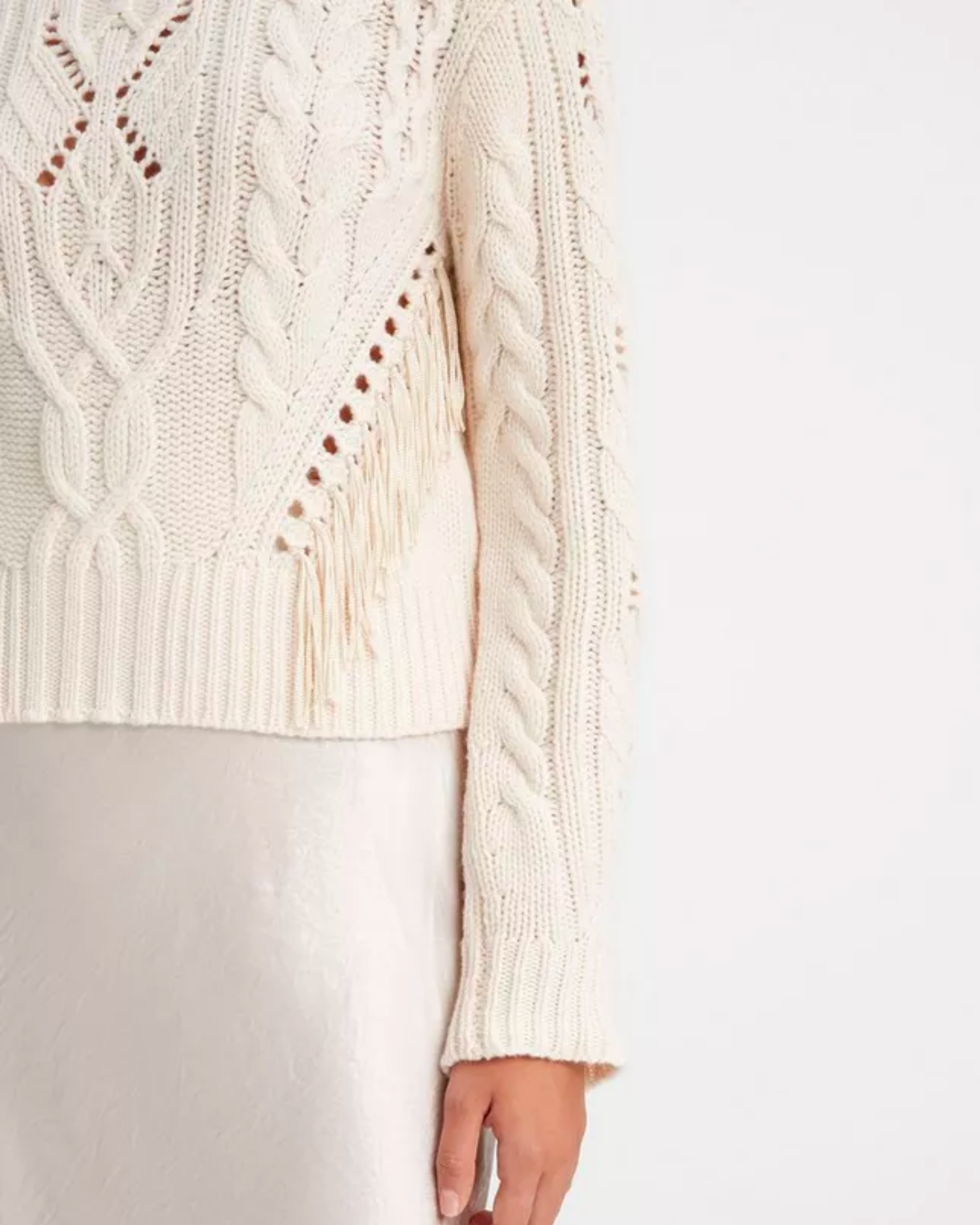 Vince Fringe Cable Sweater in Cream