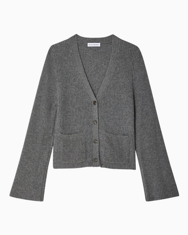 White + Warren Cashmere Fluted Sleeve Cardigan in Graphite Heather