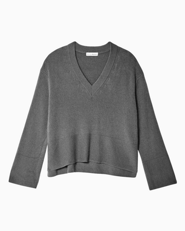 White + Warren Cashmere Rib Trim V Neck in Graphite Heather