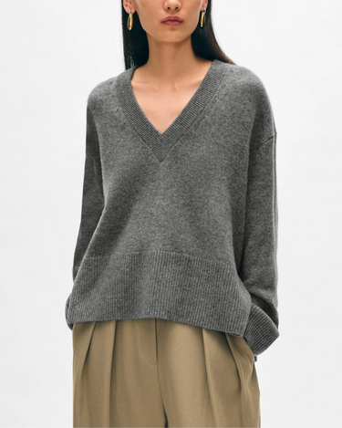 White + Warren Cashmere Rib Trim V Neck in Graphite Heather