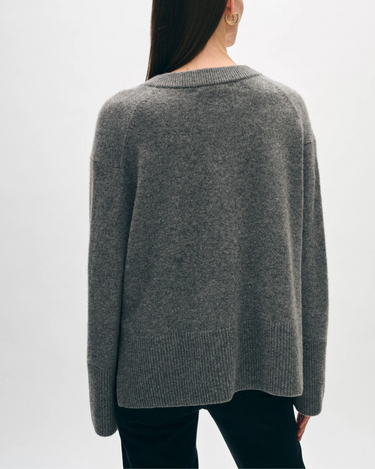 White + Warren Cashmere Rib Trim V Neck in Graphite Heather