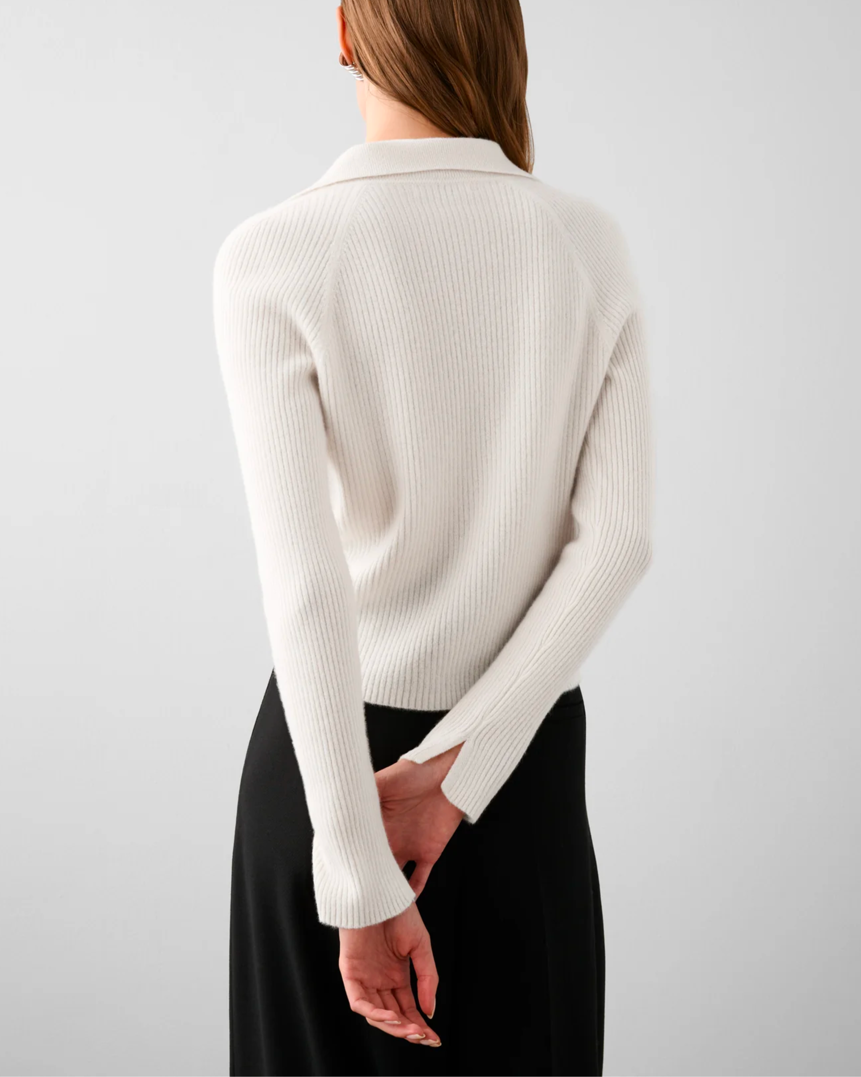 White + Warren Cashmere Ribbed Polo Top in Soft White