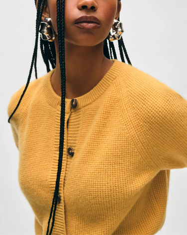 White + Warren Cashmere Waffle Cardigan in Goldenrod