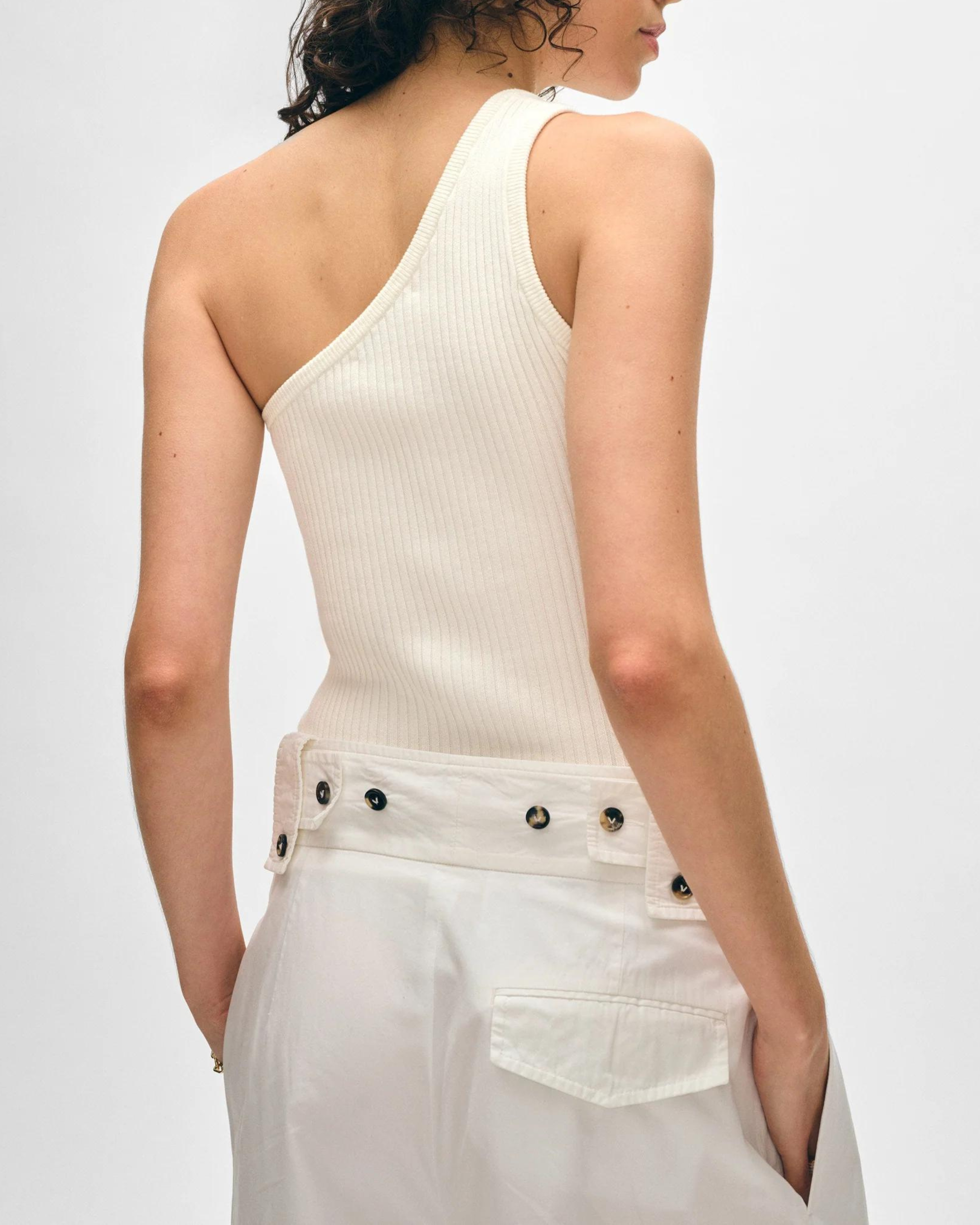 White + Warren Cotton Ribbed One-Shoulder Tank in White