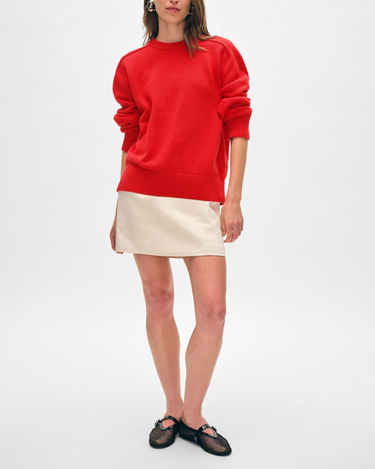 White + Warren Cotton Saddle Sleeve Crewneck in Cherry