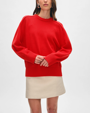 White + Warren Cotton Saddle Sleeve Crewneck in Cherry